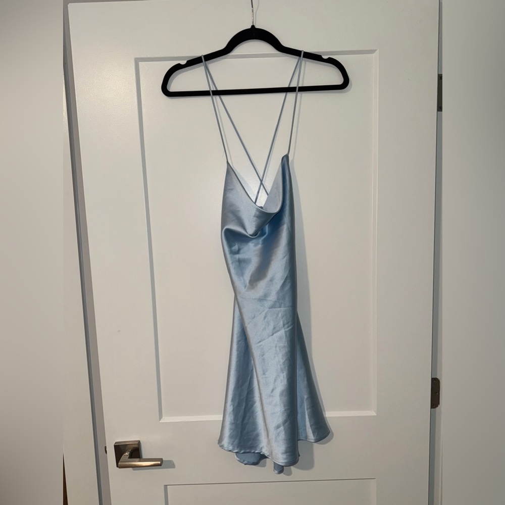 Title: Le Lis Sky Blue Backless Mini Dress | Strappy Open Back Silky Dress | Sma